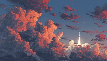A rocket launches through a vibrant sunset sky filled with textured clouds
