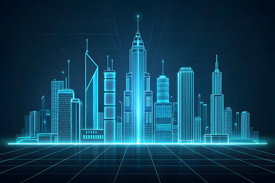 Neon blue wireframe city skyline projected on digital grid futuristic