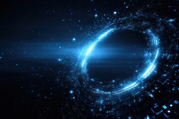 Abstract digital ring in dark space.  Circular glowing light effect.  Complex network of lines and particles.  Dark blue background