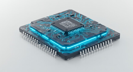 High-tech microchip with glowing blue circuits on a white background, symbolizing advanced technology and innovation