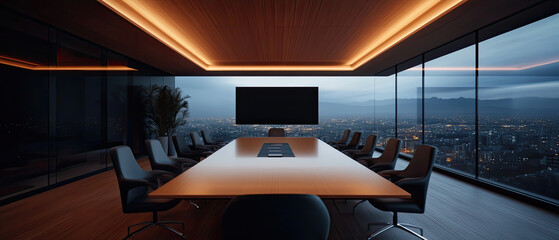Plakat Modern conference room with panoramic night city view