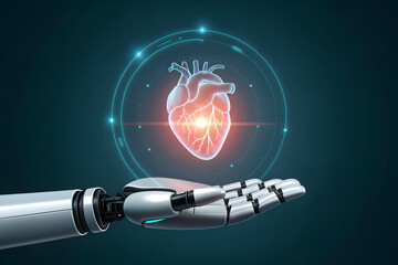Robotic hand presents glowing holographic human heart with digital interface artificial intelligence