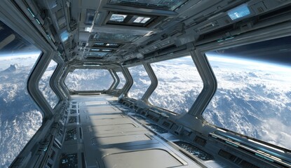 Futuristic spaceship corridor with panoramic views of a cloudy planet