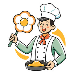 Creative Male Chef Cooking Eggs in Flower-Shaped Pan Illustration, Fun Kitchen Art, Culinary Vector Design for Foodie Projects
