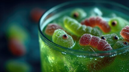 Colorful gummy worms in refreshing green drink with ice cubes