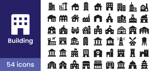 Building and house icon set for city architecture and urban real estate, with property, structure, and home symbols. 54 glyph style illustrations for various industries.

