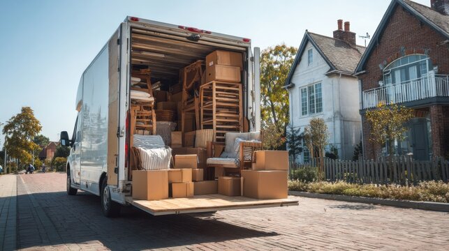 Moving truck unloading furniture and boxes in a residential neighborhood during daytime