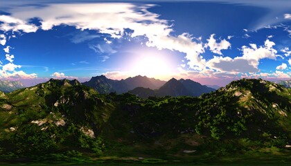 Panoramic view of lush mountain range under a bright sky