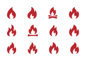 A variety of red vector icons showing different fire and flame symbols, including bonfires and abstract shapes, on a white background.