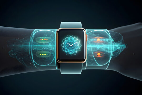 Smartwatch displays holographic interface with glowing energy streams wrist technology - Powered by Adobe