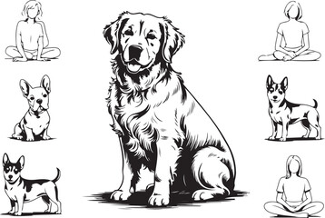 Diverse Dogs and Figures in Zen Poses: A Stylized Illustration