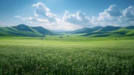 Naklejka premium 晴れた日の緑豊かな風景 美しい青空と白い雲が広がる平原 風光明媚な丘陵地帯