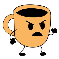 Cartoon illustration of an angry coffee cup with arms and legs, symbolizing caffeine dependence, morning struggles, and the fight to wake up, in a humorous style.