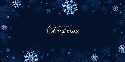 Winter holiday frame with snowflakes. Falling snowflakes on the blue dark background. Merry Christmas, Happy New Year design.