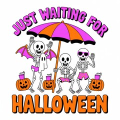 Three playful skeletons in beach attire are eagerly anticipating Halloween, surrounded by pumpkins and a colorful umbrella.