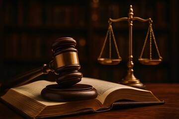 Gavel and scales of justice on open book symbolizing law and legal proceedings