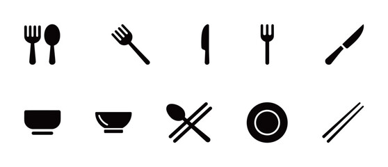 A collection of black solid vector icons of various tableware and utensils, including forks, spoons, knives, plates, and bowls.