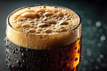 Close up macro shot of a chilled glass of dark brown beverage with thick foamy head and condensation