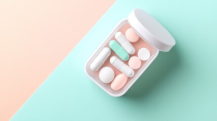 Assorted pills in a container on a pastel background offering a clean and modern look for healthcare advertising