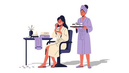 Young woman relaxing with a facial mask and cucumber slices while a spa attendant brings a tray of refreshments and beauty products