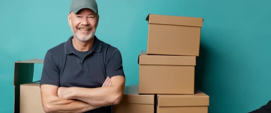 Man wearing cap with arms crossed standing near stacked cardboard boxes, teal background, symbol of delivery service.