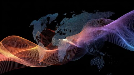 Colorful world map with flowing lines for global business connections and innovative tech solutions