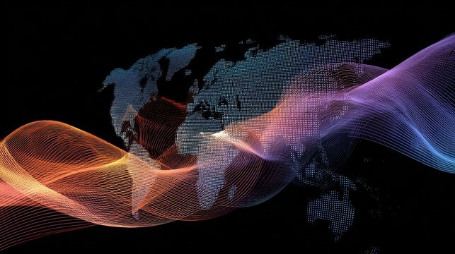 Colorful world map with flowing lines for global business connections and innovative tech solutions - Powered by Adobe