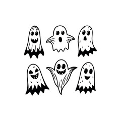 Collection of six doodle style cute and spooky ghosts for Halloween silhouette vector