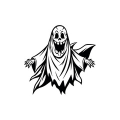 Obraz premium Black and white illustration of a scary Halloween ghost with a spooky grin silhouette vector