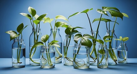 Plant cuttings in glass jars on blue surface