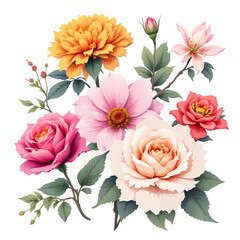 Vibrant Watercolor Floral Bouquet with Pink Roses Yellow Dahlia Peach Bloom and Various Blossoms.