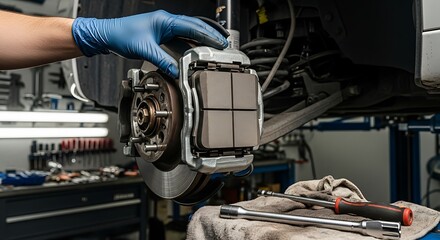 Mechanic wearing blue gloves replacing car brake pads in a workshop
