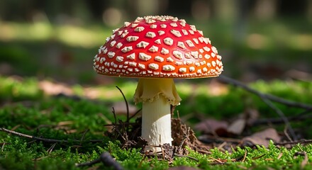 Vibrant fly agaric mushroom with red cap and white spots in forest
