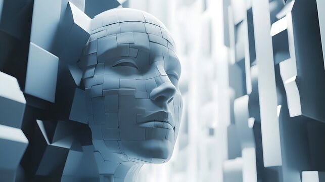 Symbolic representation of an authoritarian regime with a vast, impersonal face emerging from a fractured, geometric architectural landscape