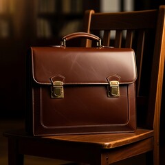 Brown Leather Briefcase on Wooden Chair.