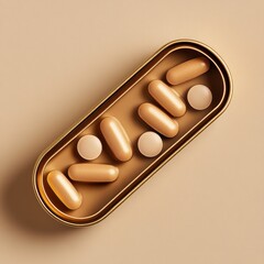 Golden pills and round tablets in a golden tray against a beige background representing health and wellness products