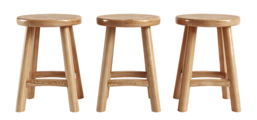 Set of wooden stools, isolated on transparent cutout background