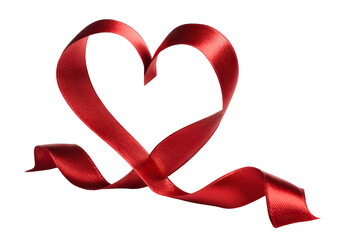 Elegant red ribbon twisted into a romantic heart symbol, isolated on transparent cutout background