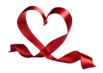 Elegant red ribbon twisted into a romantic heart symbol, isolated on transparent cutout background