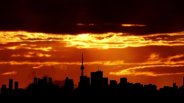 Architecture buildings and city panorama with backdrop of a vibrant sunset in the summer hot evening. American cityscape of business downtown at dusk. Sun set artistic collage. Special effects haze.