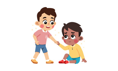 A kind boy helps his sad friend get up from the ground, showing empathy and support in a heartwarming moment.