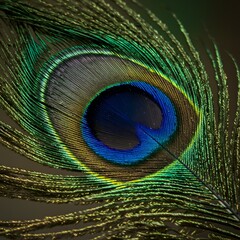 Obraz premium Vibrant and colorful peacock feather in macro detail, a symbol of beauty, pride, and elegance on a dark background