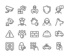 Safety and Security, icon set. Surveillance, alarm, guard, shield, police, dog, lock, keypad, safe, ambulance, hard hat, warning, protection, home, car, risk prevention. Line with editable stroke