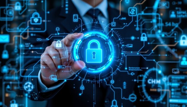 Businessman holding security padlock button on virtual screens, technology internet and networking concept, blue sci fi tone. 4K sharp professional photo. No text or logos. - Powered by Adobe