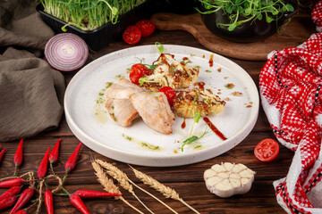 Juicy baked turkey fillet served with roasted cauliflower, cherry tomatoes and herbs on white plate in rustic food styling