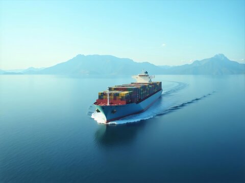 Cargo Container Ship Sailing on Blue Ocean with Mountain Background in Sunny Weather