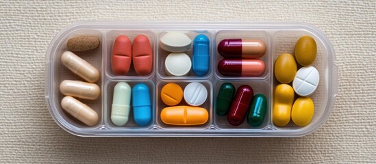 Colorful assortment of daily medication pills organized in a plastic pill organizer box for health management