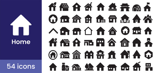 Home icon set with house and building symbols for real estate and property. Solid glyph illustrations for residential architecture and homepage design.

