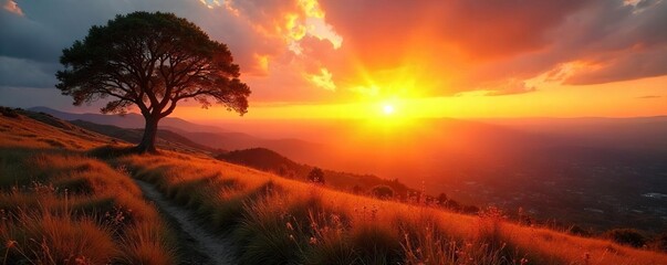 Obraz premium Serene landscape bathed in the warm hues of a breathtaking sunset, casting long shadows across the tranquil land Perfect for travel, nature, and serenity themes , orange, hills, beautiful