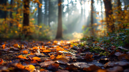 Enchanting autumn forest path with vibrant golden leaves and magical sun rays piercing through the trees